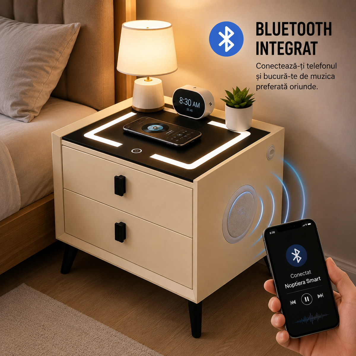 Noptieră smart multifuncțională cu 2 sertare, încărcare wireless și USB, 50 x 40 x 46 cm-9