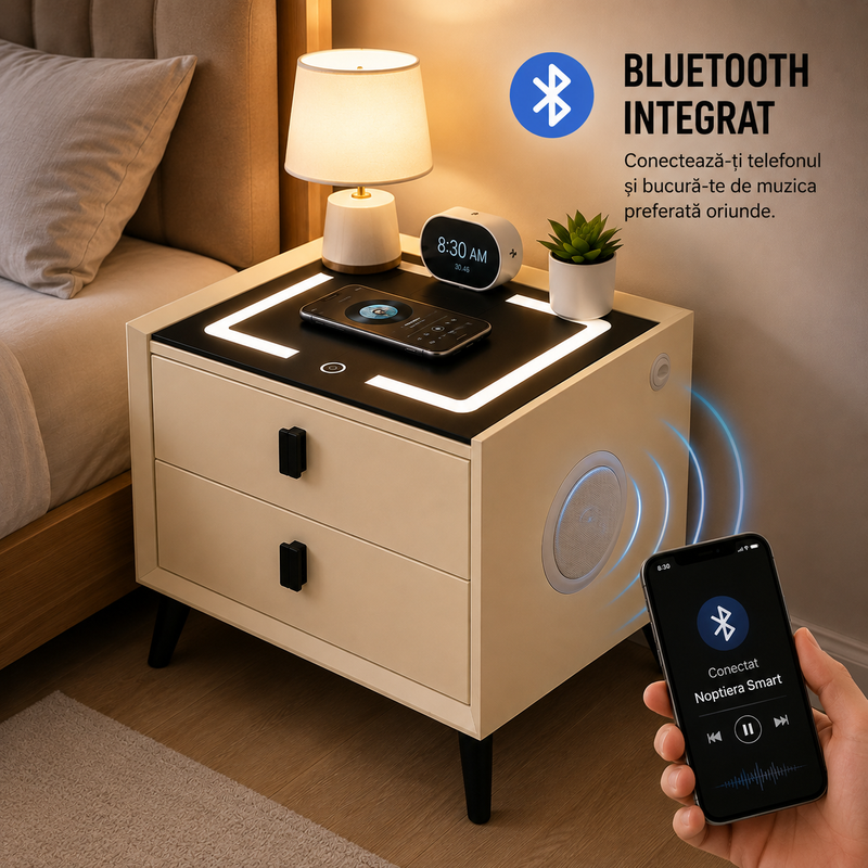 Noptieră smart multifuncțională cu 2 sertare, încărcare wireless și USB, 50 x 40 x 46 cm-9