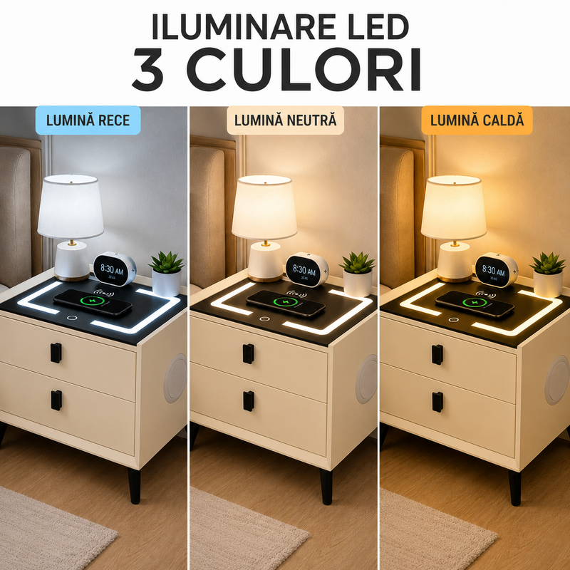 Noptieră smart multifuncțională cu 2 sertare, încărcare wireless și USB, 50 x 40 x 46 cm-14