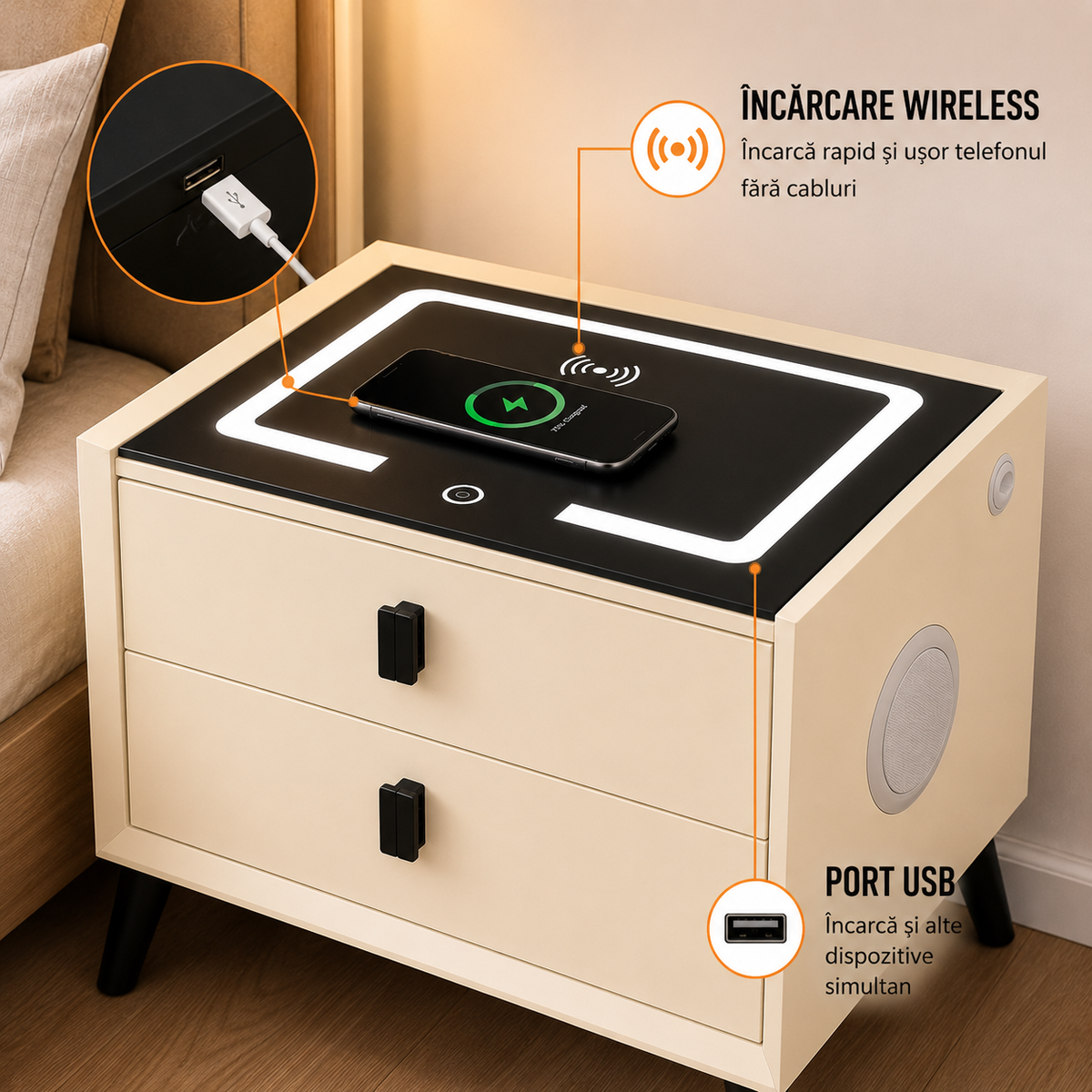 Noptieră smart multifuncțională cu 2 sertare, încărcare wireless și USB, 50 x 40 x 46 cm-12