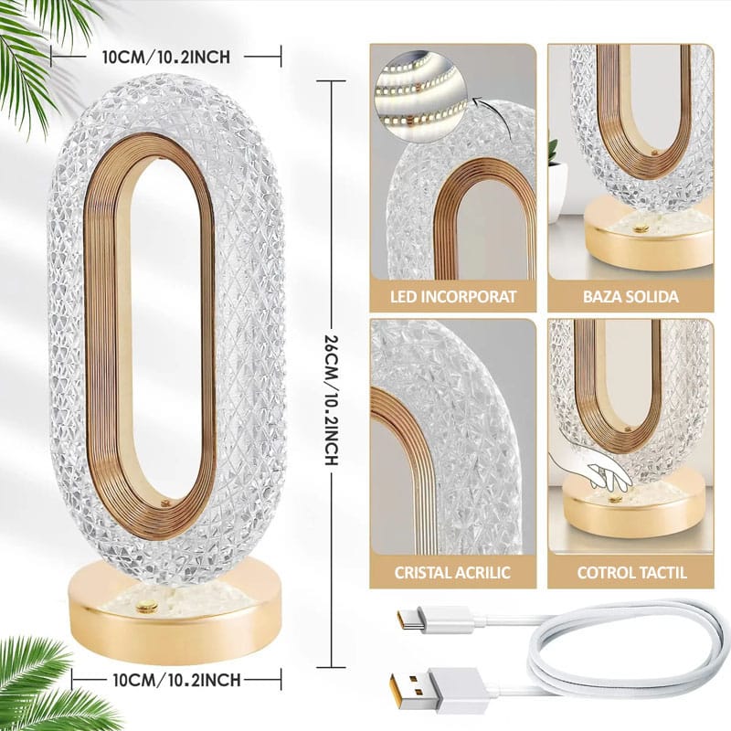 Lampa LED decorativa, veioza din cristal acrilic, lumina ambientala, 3 culori, alb rece/cald/neutru, control touch, reincarcabila-3