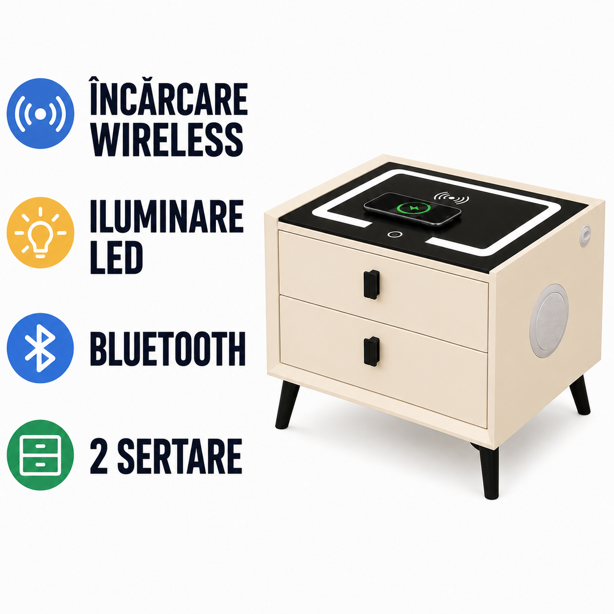 Noptieră smart multifuncțională cu 2 sertare, încărcare wireless și USB, 50 x 40 x 46 cm-10