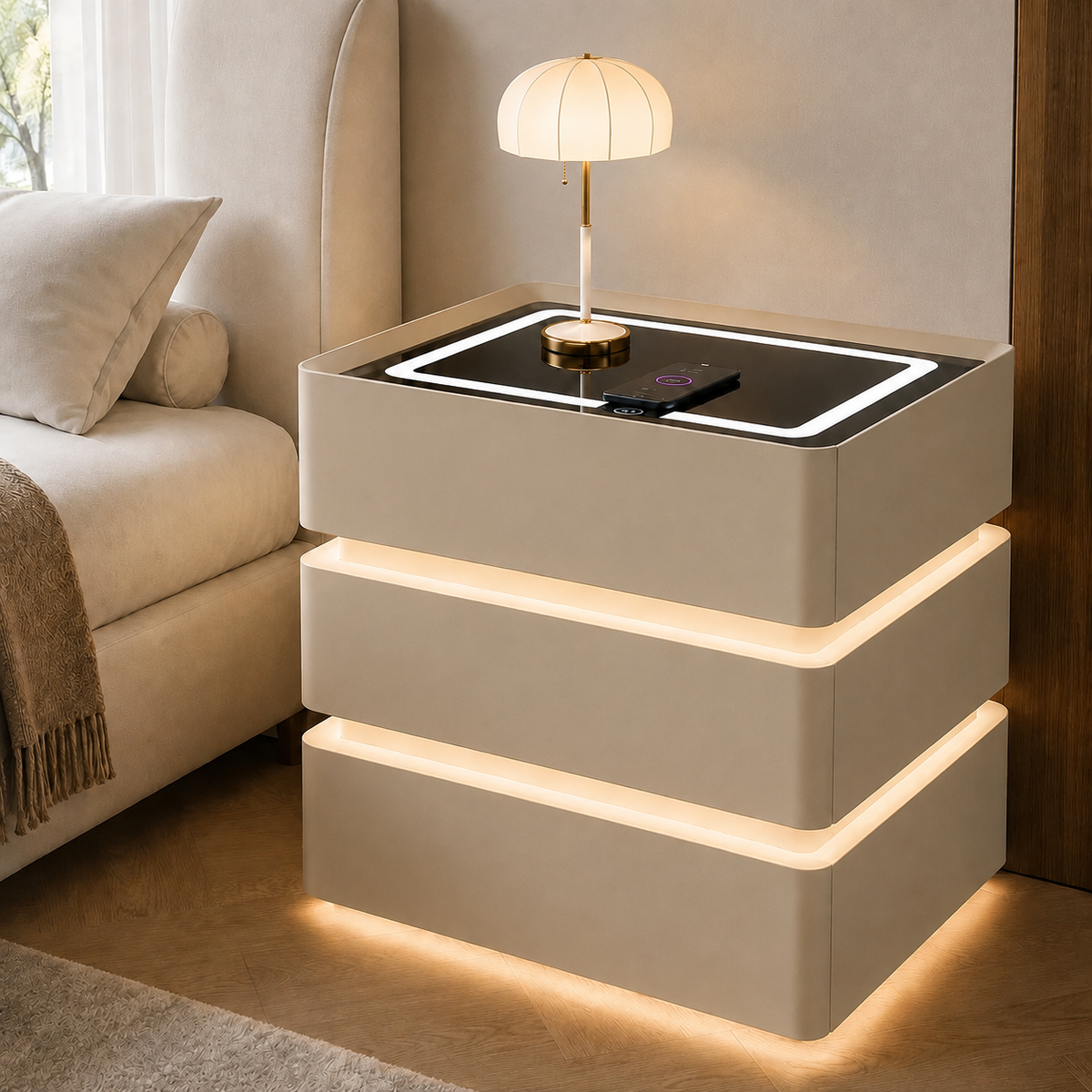 Noptieră Smart Premium cu 3 Sertare, Încărcare Wireless, Port USB, 2 Boxe Bluetooth și LED