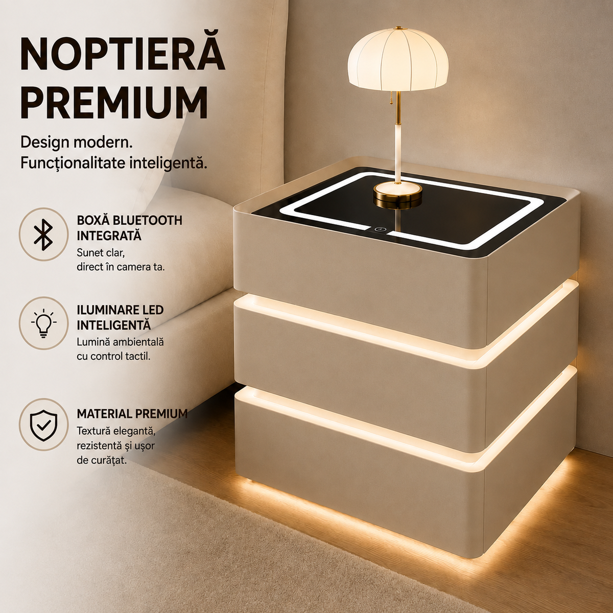 Noptieră Smart Premium cu 3 Sertare, Încărcare Wireless, Port USB, 2 Boxe Bluetooth și LED-15
