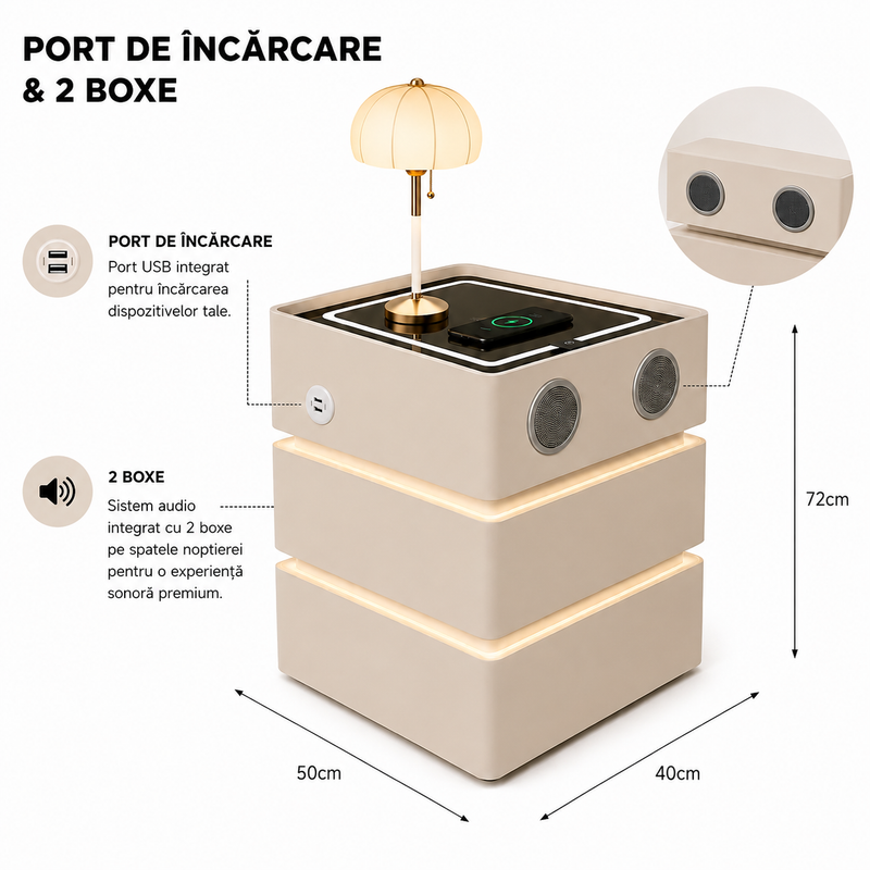 Noptieră Smart Premium cu 3 Sertare, Încărcare Wireless, Port USB, 2 Boxe Bluetooth și LED-16