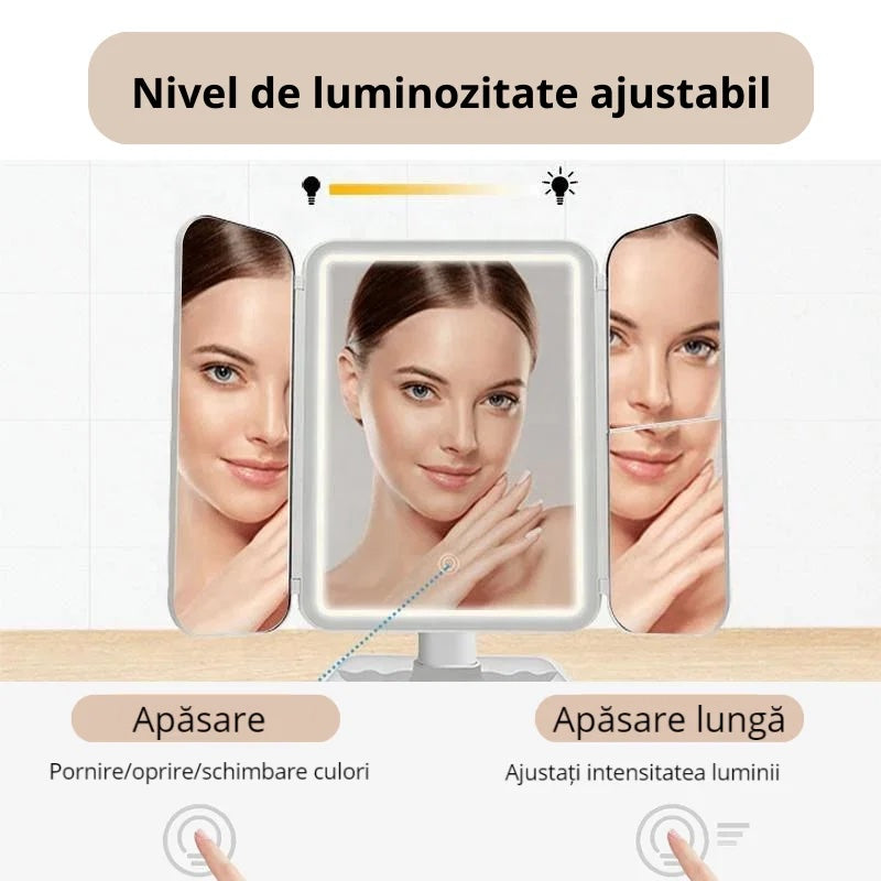 Oglindă cosmetică pentru machiaj cu LED, mărire 2X, 3X, control tactil, 3 tipuri de lumină-7