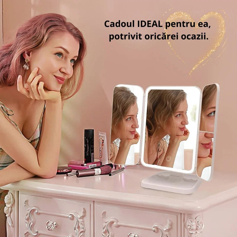 Oglindă cosmetică pentru machiaj cu LED, mărire 2X, 3X, control tactil, 3 tipuri de lumină-8