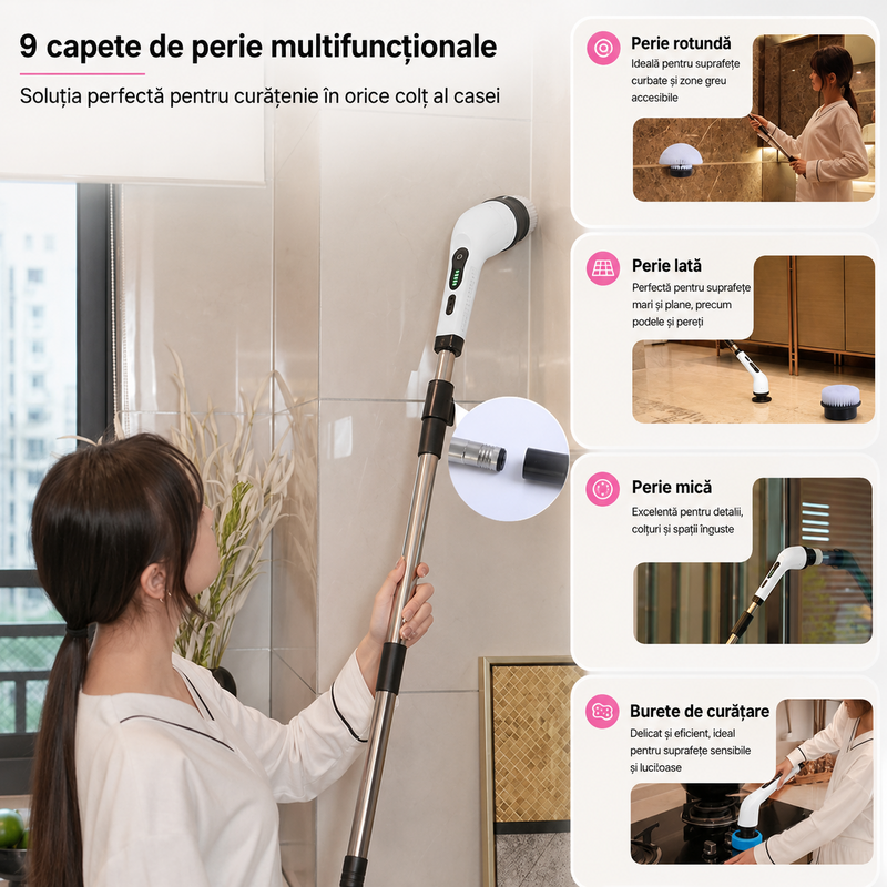 Perie Electrică Rotativă 9 în 1 Mâner 63-120 cm 2 Viteze USB Alb-5