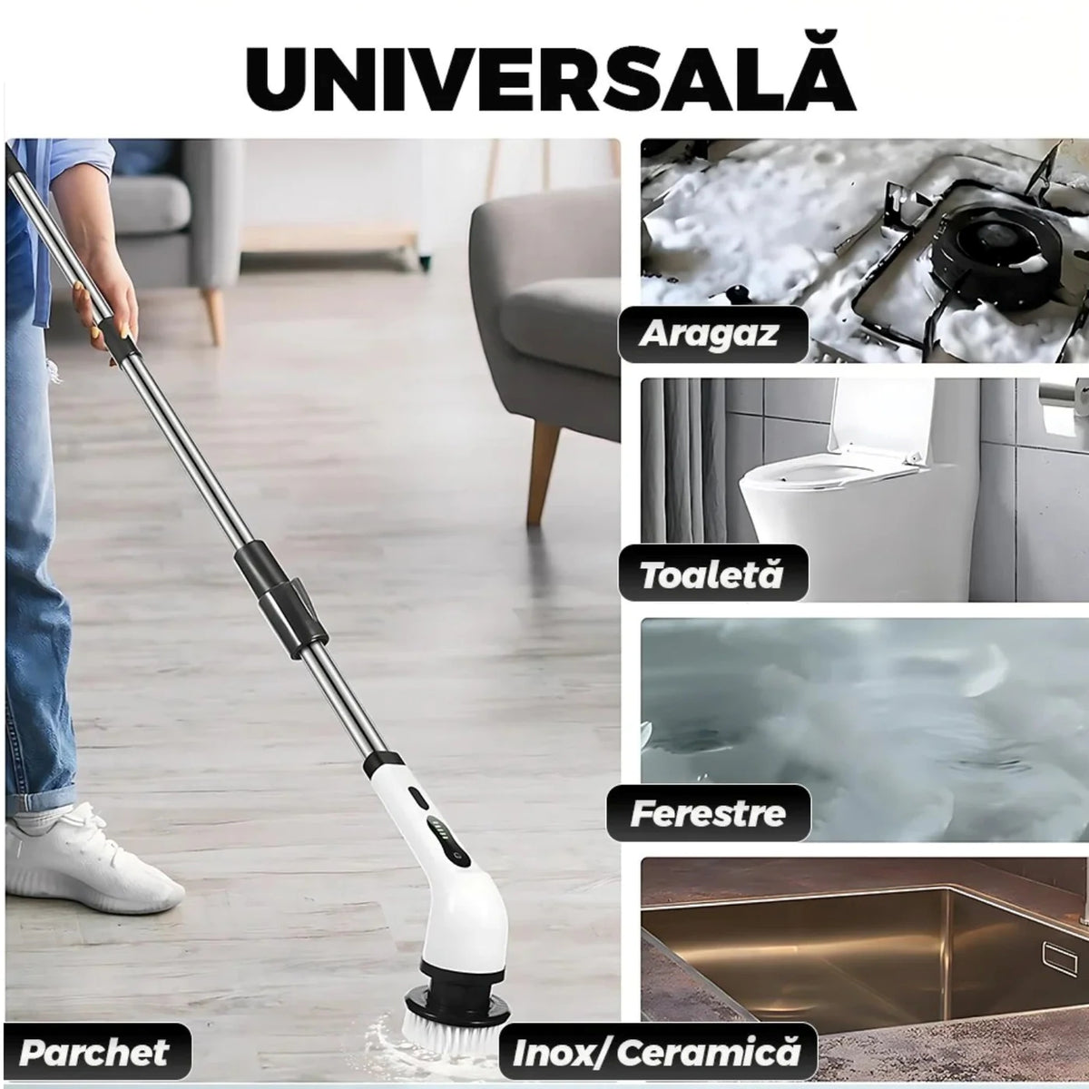 Perie Electrică Rotativă 9 în 1 Mâner 63-120 cm 2 Viteze USB Alb-6