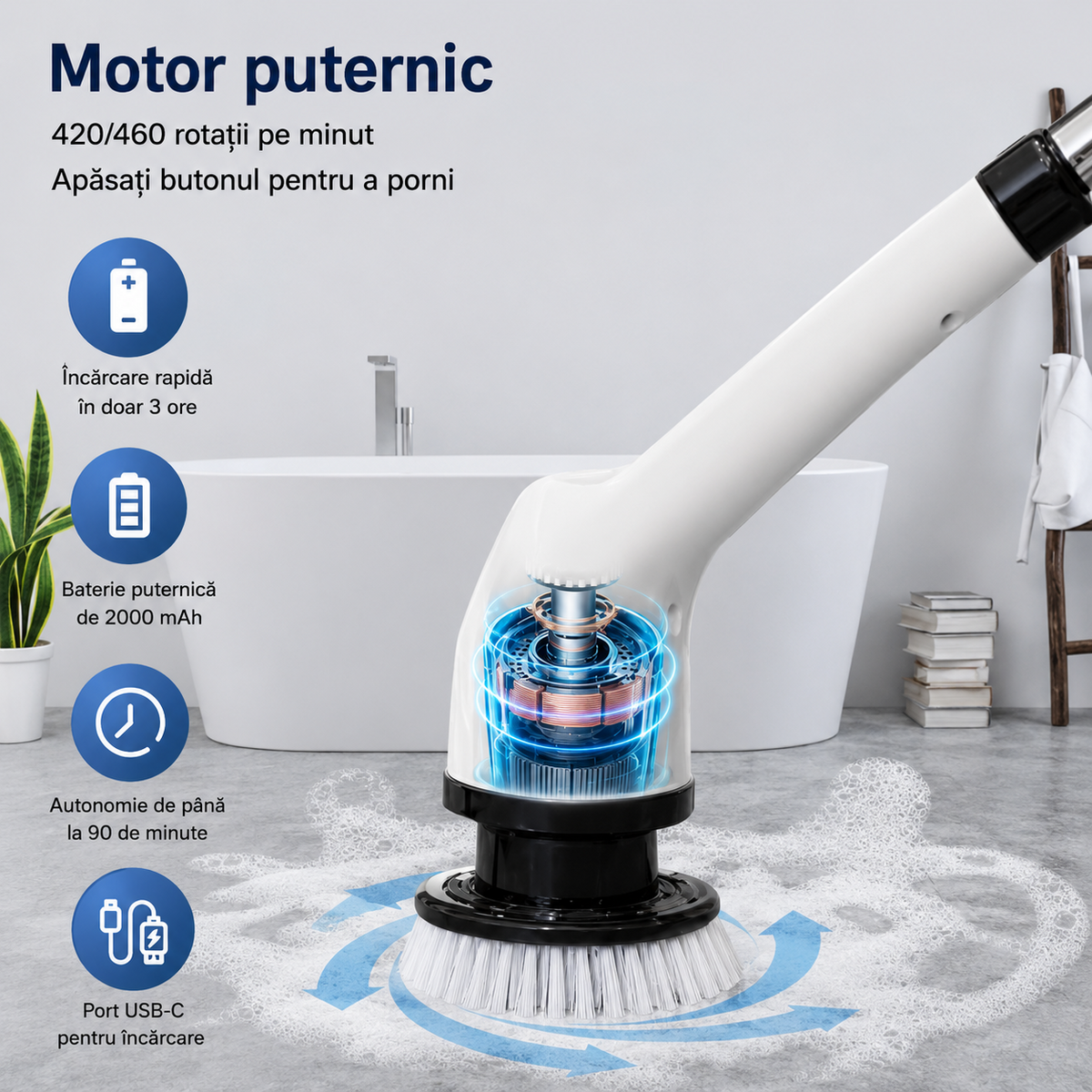 Perie Electrică Rotativă 9 în 1 Mâner 63-120 cm 2 Viteze USB Alb-7