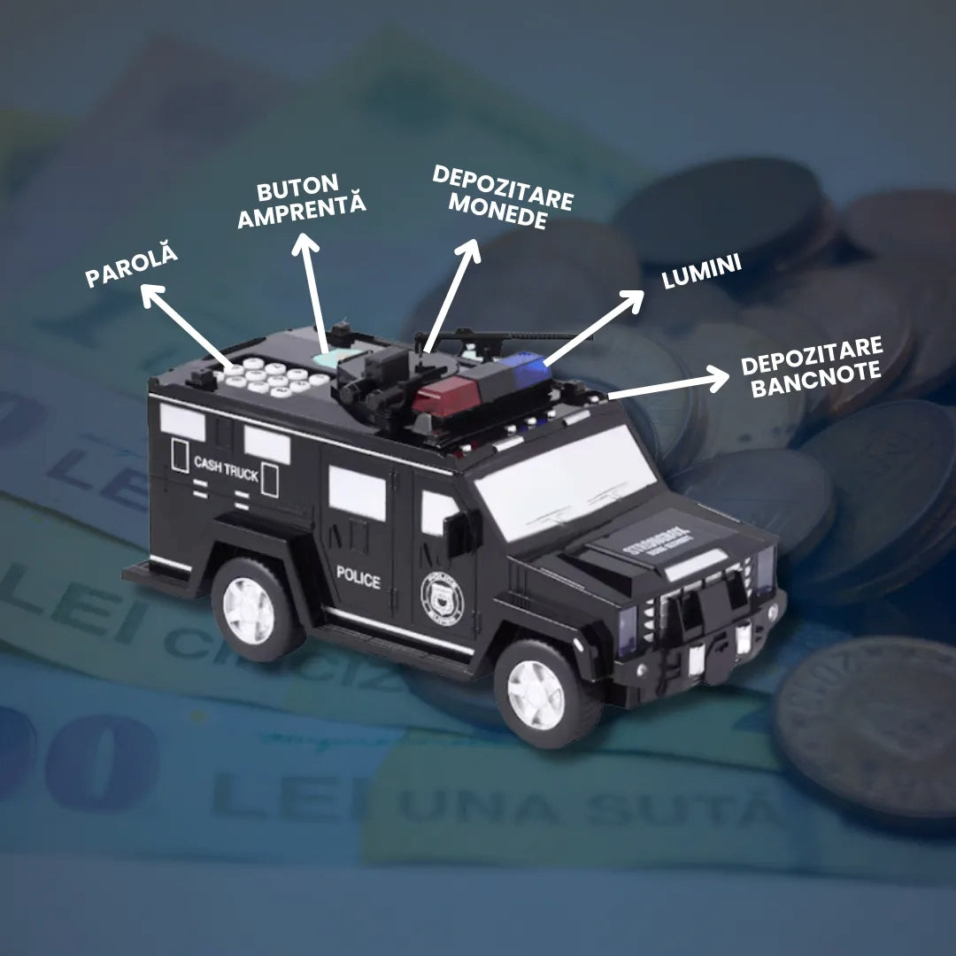 Pușculiță Seif Mașină Poliție Parolă Amprentă Sunete Lumini Negru