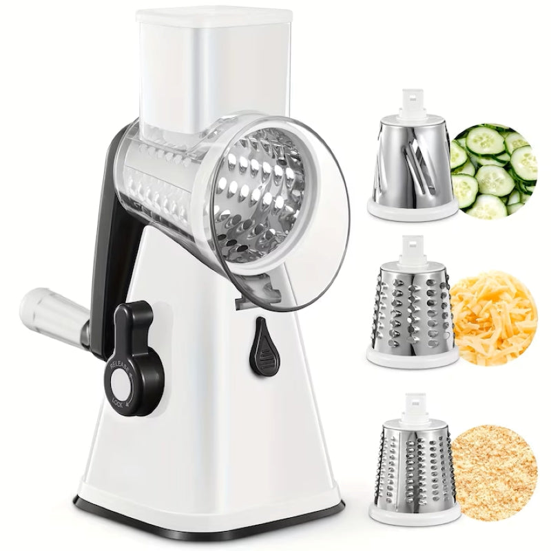 Răzătoare Legume cu Manivelă și 3 Tamburi Inox Albă