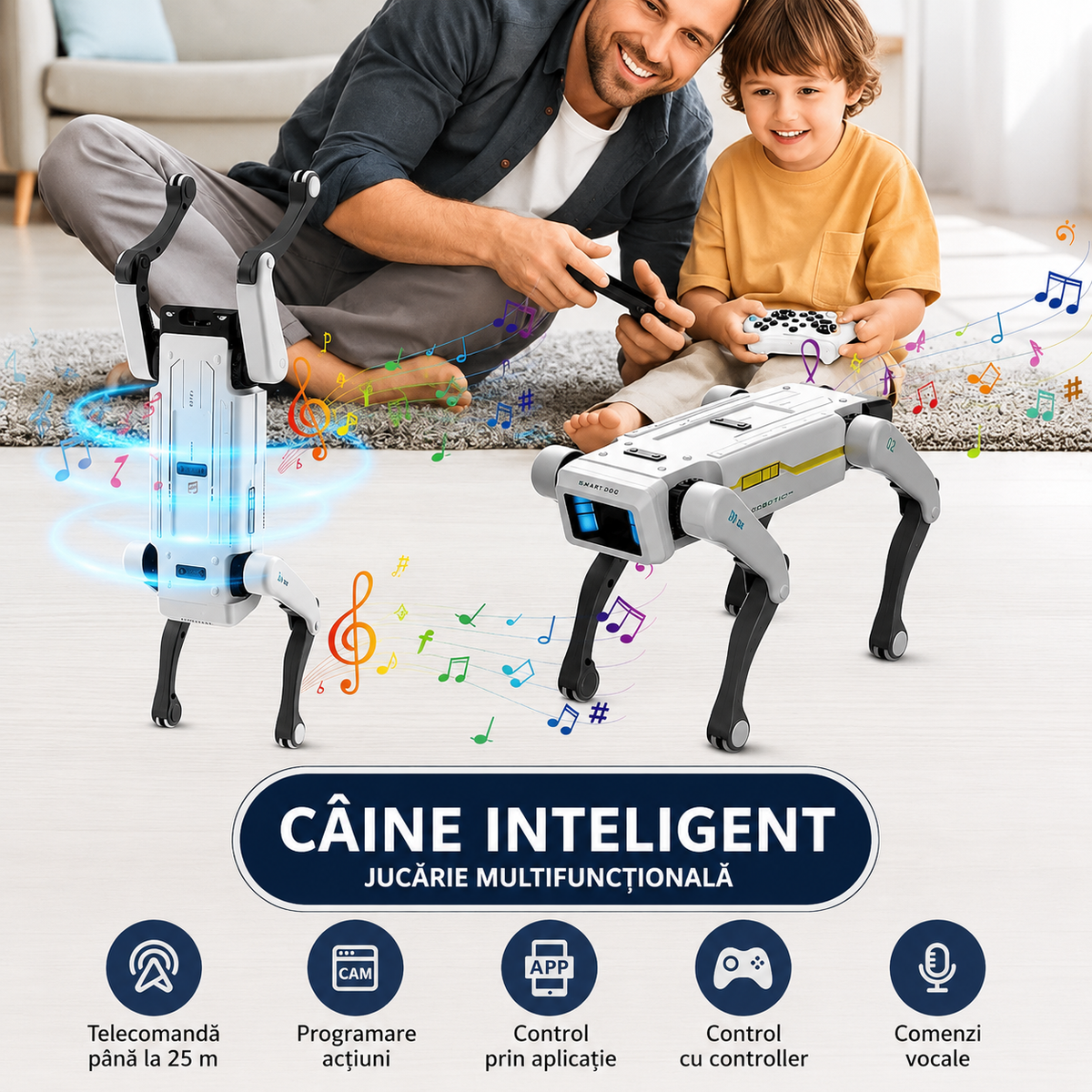 Câine Robot Inteligent Telecomandă Aplicație Comenzi Vocale Alb-2