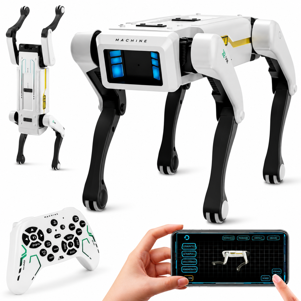 Câine Robot Inteligent Telecomandă Aplicație Comenzi Vocale Alb-1