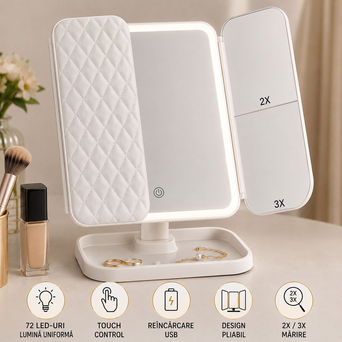 Oglindă cosmetică pentru machiaj cu LED, mărire 2X, 3X, control tactil, 3 tipuri de lumină-9
