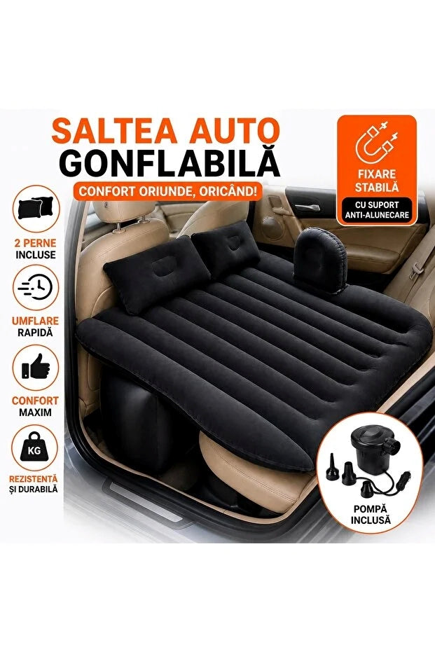 Saltea Auto Gonflabilă Banchetă Pompă Electrică 12V 2 Perne Neagră-2
