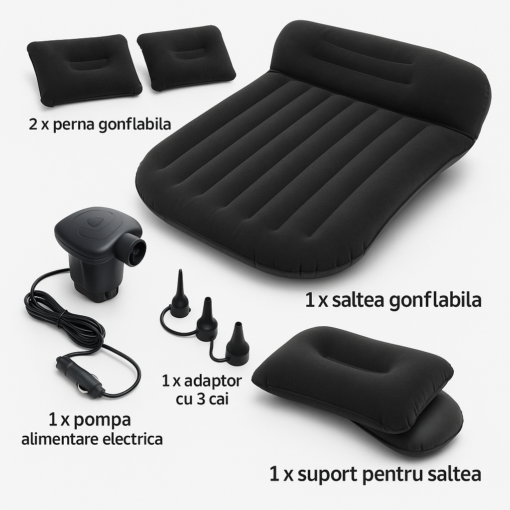 Saltea Auto Gonflabilă Banchetă Pompă Electrică 12V 2 Perne Neagră-8