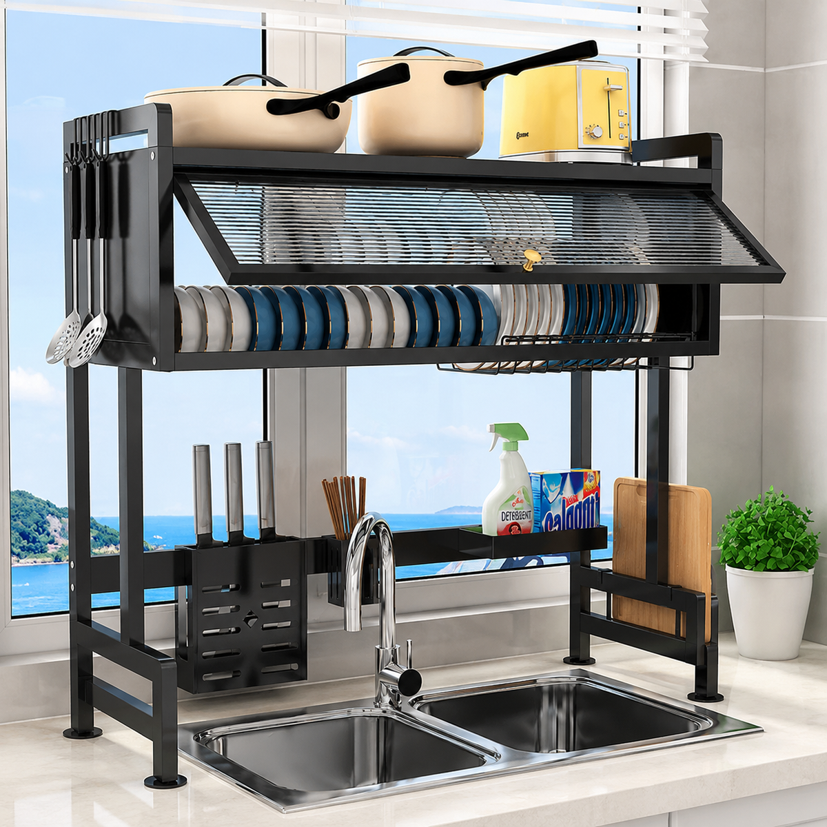 Scurgător de Vase Metalic 85 cm cu Capac și Organizator Multifuncțional