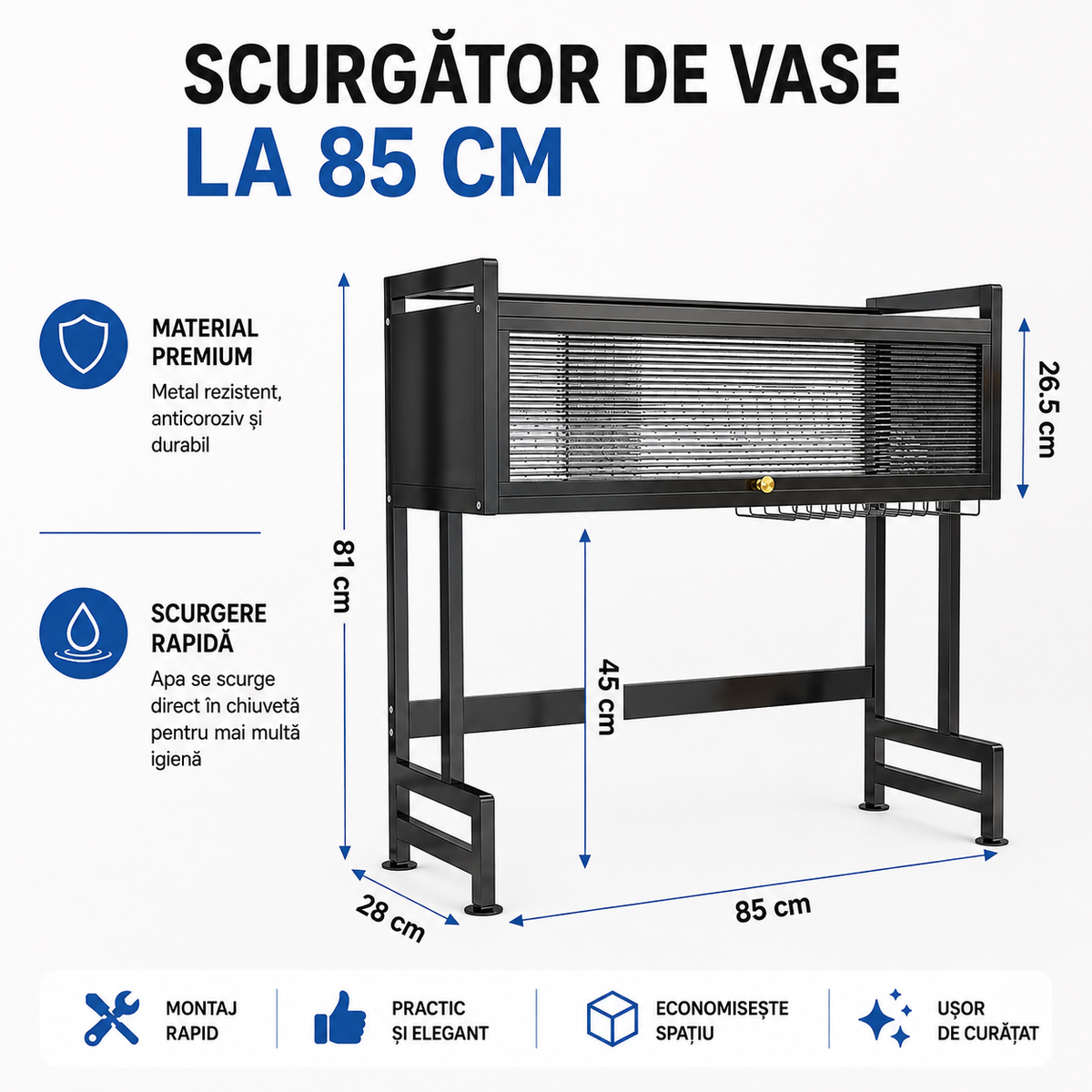 Scurgător de Vase Metalic 85 cm cu Capac și Organizator Multifuncțional-3