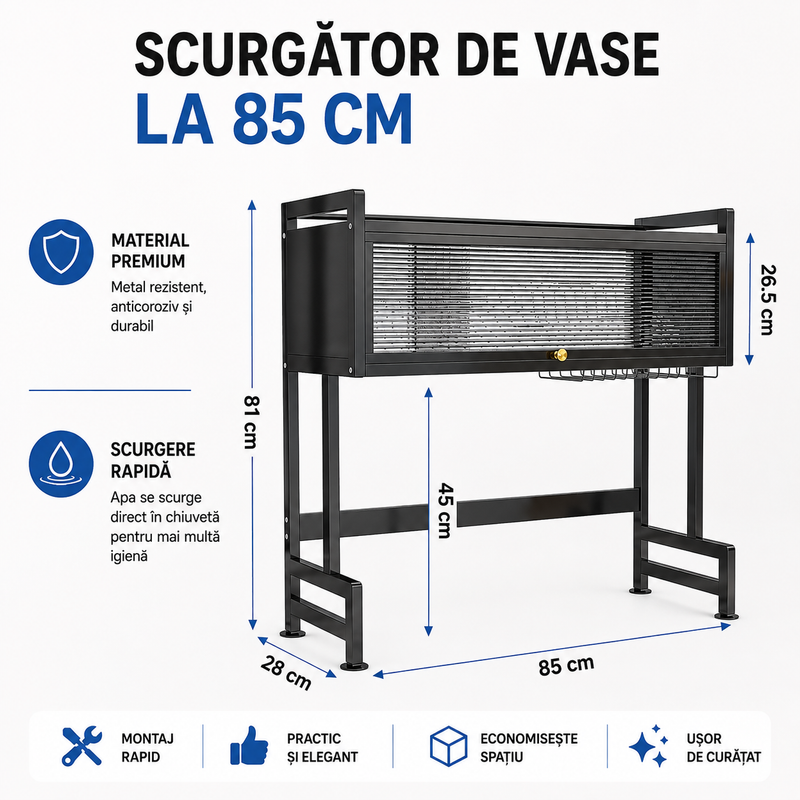 Scurgător de Vase Metalic 85 cm cu Capac și Organizator Multifuncțional-3