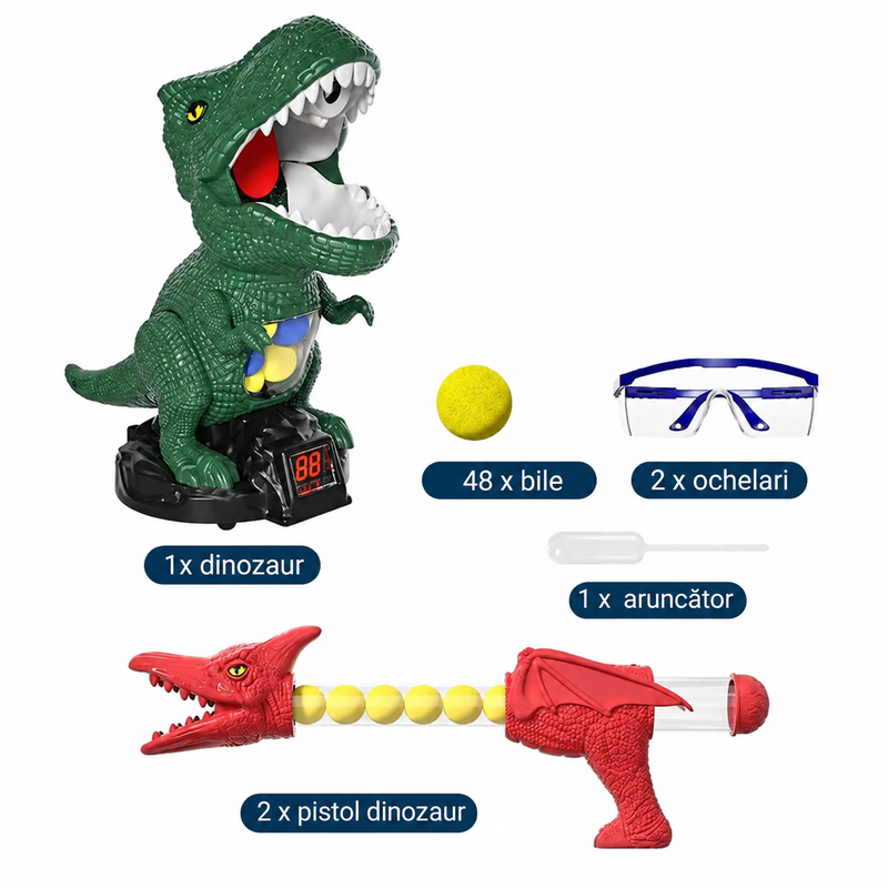 Set Joc Interactiv Tintă Dinozaur 2 Pistoale 48 Bile Spumă LED-6