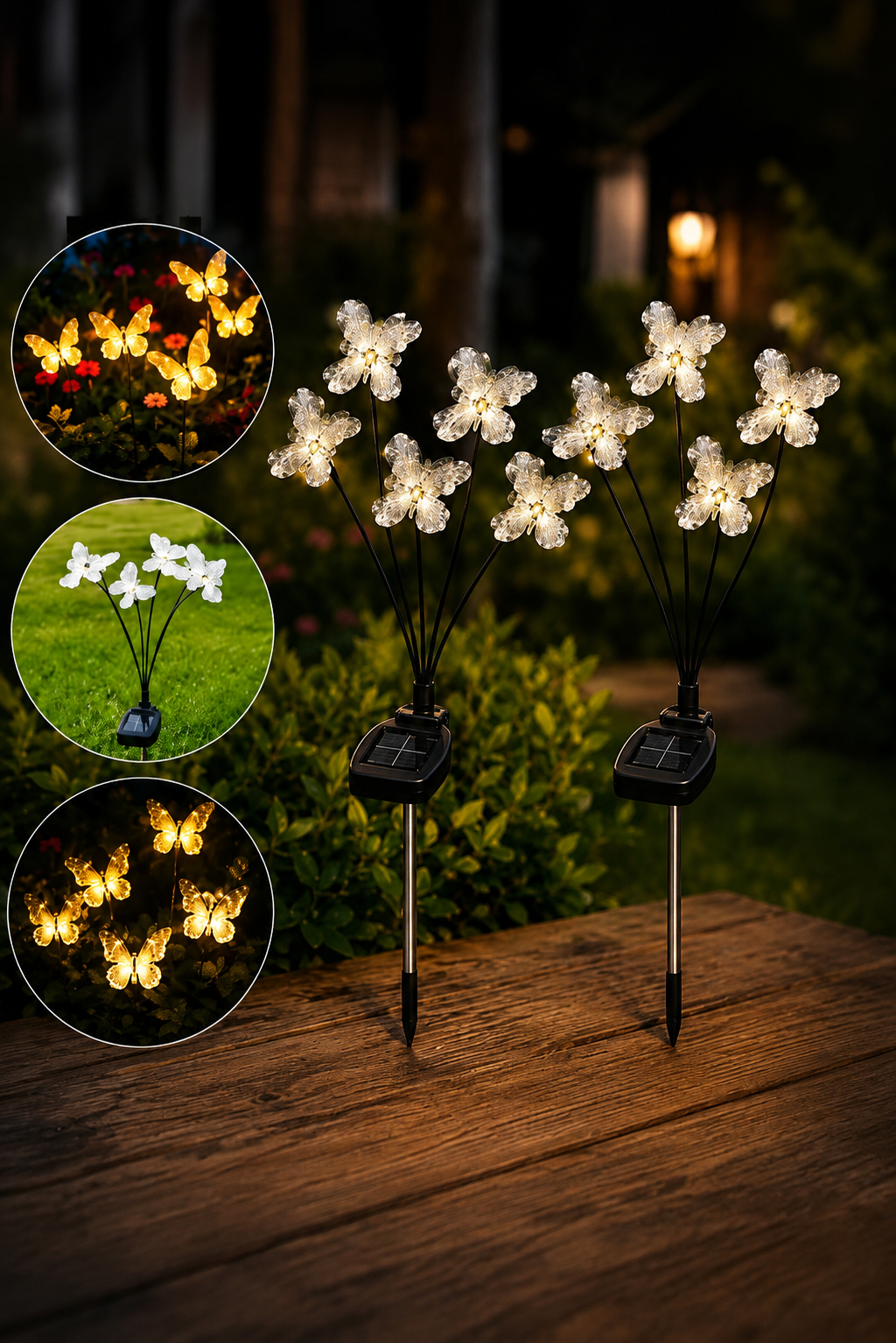Set 2 Lămpi Solare Grădină 6 Fluturi LED Alb Cald Impermeabile