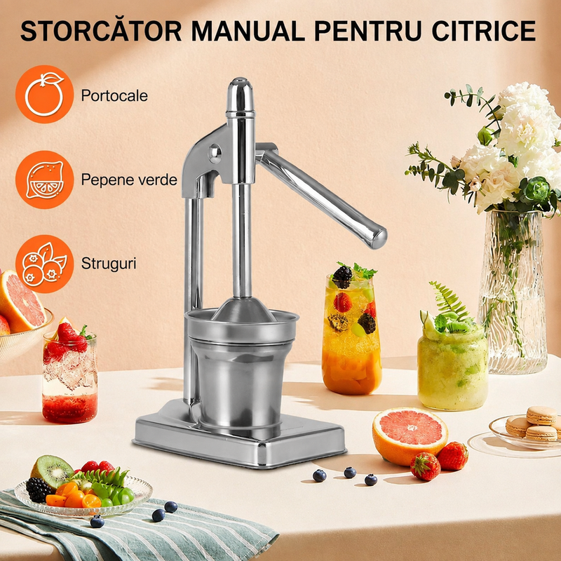 Storcător Manual Citrice Tip Presă Inox Recipient Strecurătoare-2