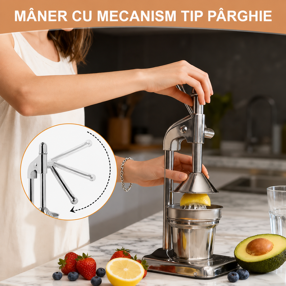 Storcător Manual Citrice Tip Presă Inox Recipient Strecurătoare-6