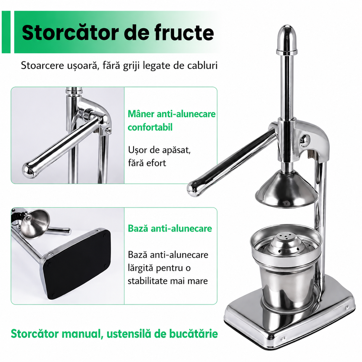 Storcător Manual Citrice Tip Presă Inox Recipient Strecurătoare-4