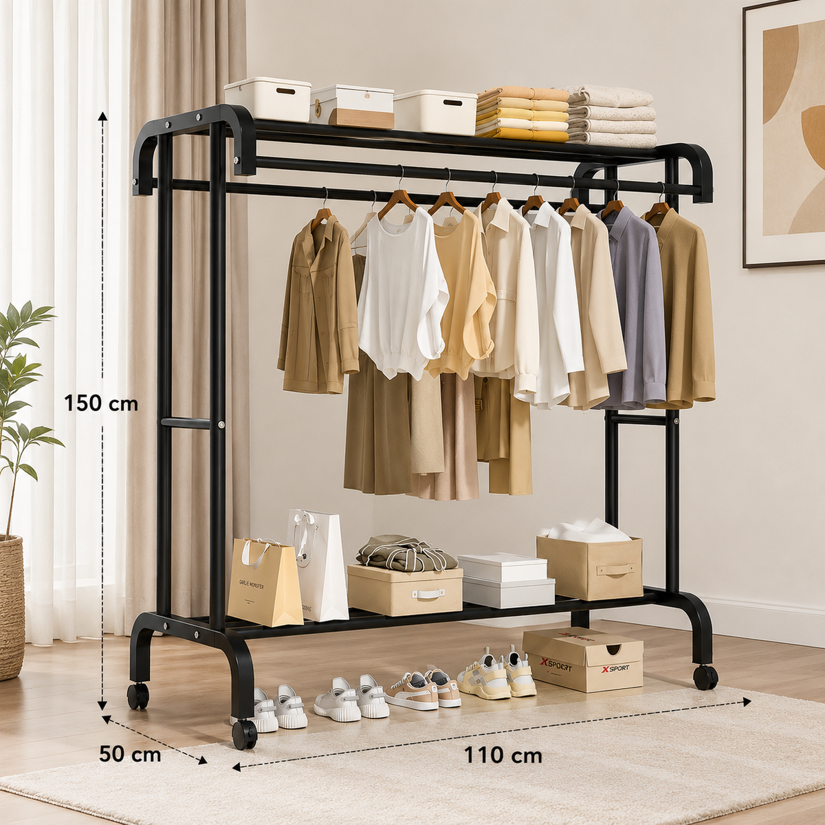 Suport haine dublu metalic cu rafturi și suport pantofi, 50KG greutate maxima, 150x110x50cm