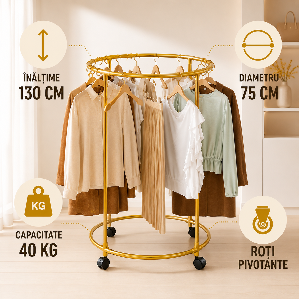 Suport Rotund pentru Haine din Oțel Inoxidabil, 130 cm, Roți Pivotante, Capacitate 40 kg-2