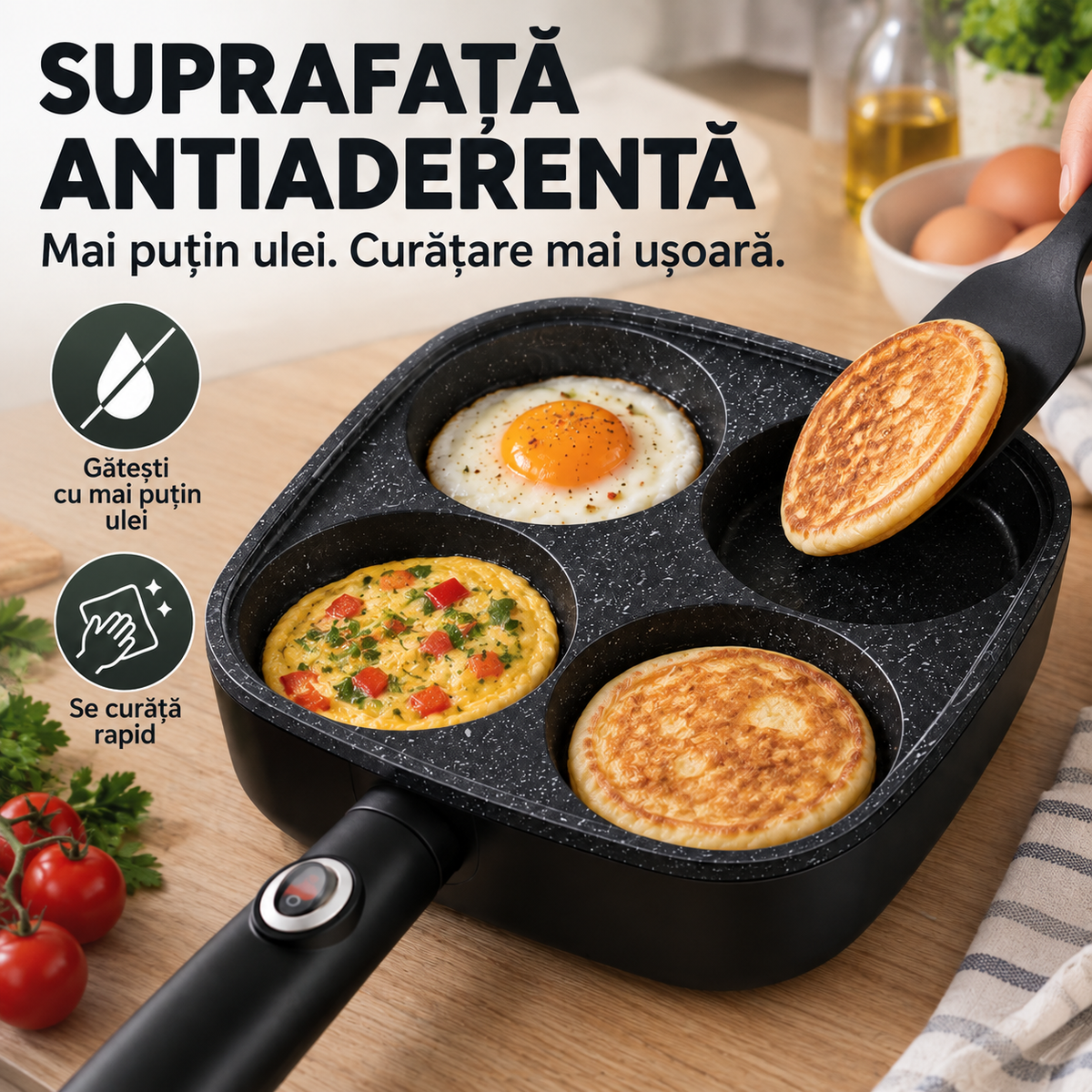 Tigaie Electrică 4 Compartimente Nonaderentă Mic Dejun 650W 220V-4