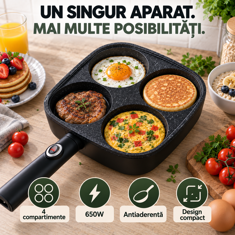 Tigaie Electrică 4 Compartimente Nonaderentă Mic Dejun 650W 220V-7