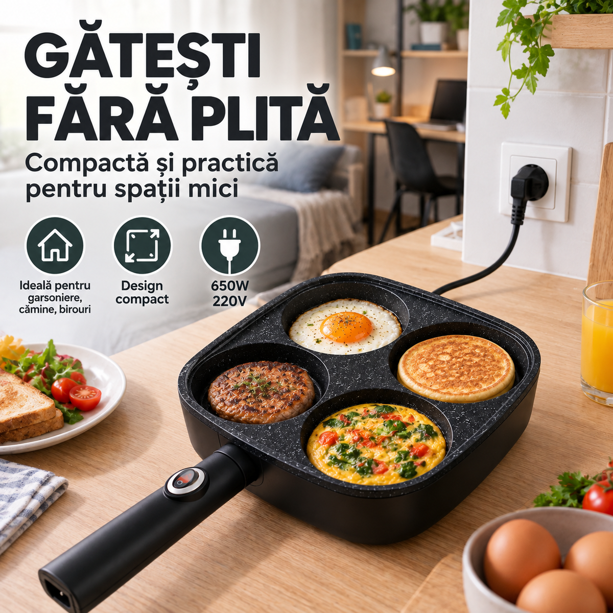 Tigaie Electrică 4 Compartimente Nonaderentă Mic Dejun 650W 220V-6