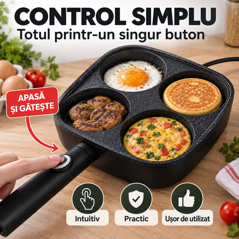 Tigaie Electrică 4 Compartimente Nonaderentă Mic Dejun 650W 220V-3