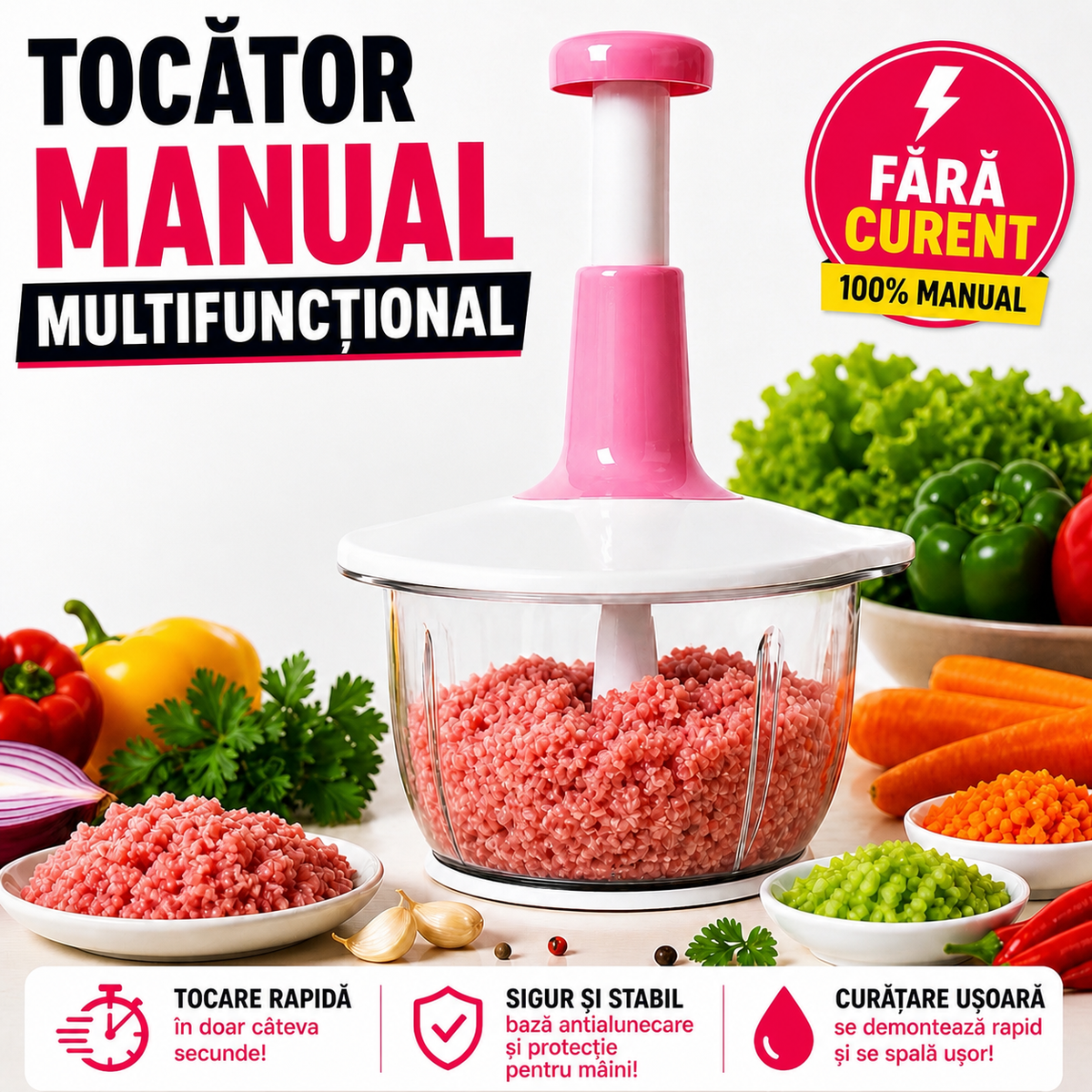 Tocator Manual Multifuncțional 2L, Chopper Legume, Fructe, Nuci, Carne, Lame Inox