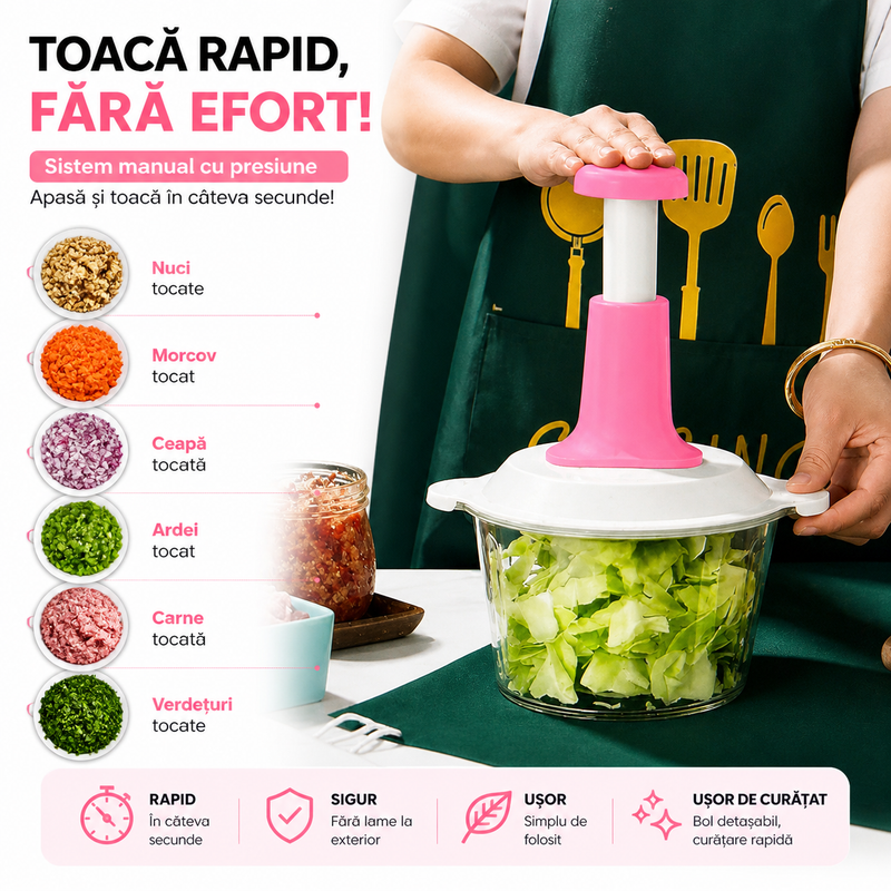 Tocator Manual Multifuncțional 2L, Chopper Legume, Fructe, Nuci, Carne, Lame Inox-6