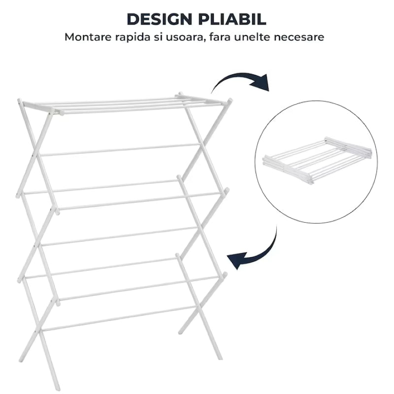 Uscător Rufe Vertical Pliabil Acordeon Oțel Carbon Compact Alb