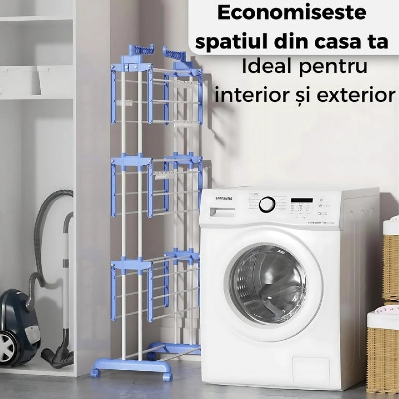 Uscător Haine Vertical Pliabil Oțel 4 Nivele Suport Umerașe Roți Albastru-5