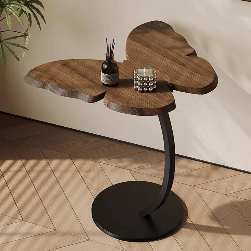 Măsuță decorativă în formă de fluture, blat aspect lemn și picior metalic, maro-negru